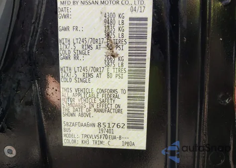 2017 Nissan Nv 3500 S/3500 Sv/3500 Sl from USA, damaged, VIN 5BZAF0AA6HN851762